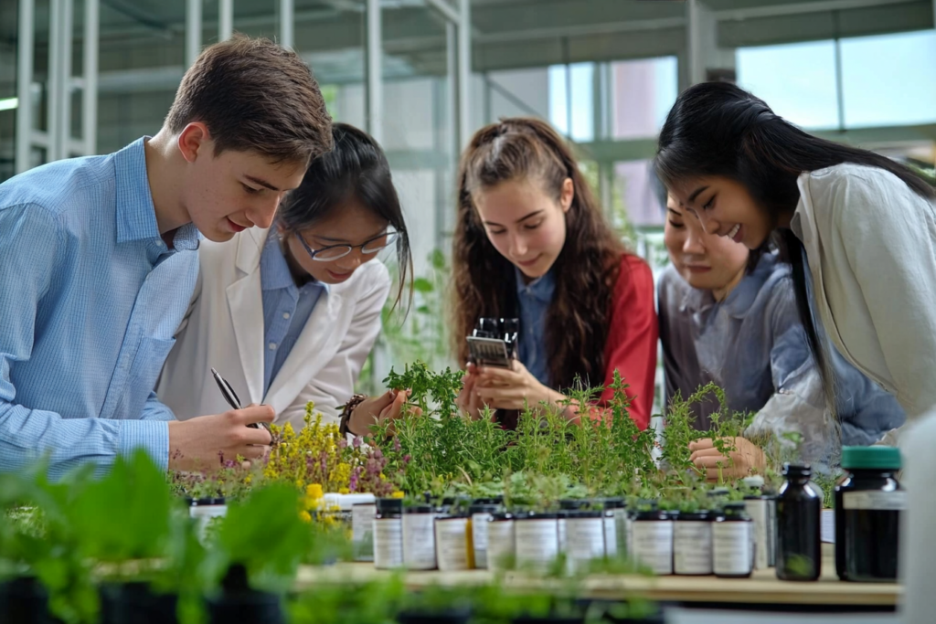 A group of diverse students collaborating in a lab, examining medicinal plants and taking notes, representing hands-on herbal research in agrobusiness at CSII.